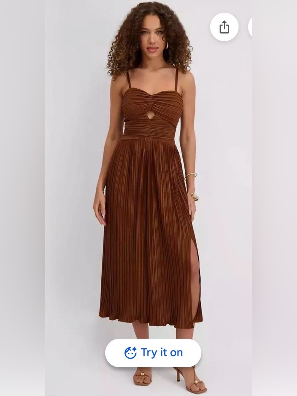 SIENA - Ruched Twist Front Brown Pleated Midi Dress